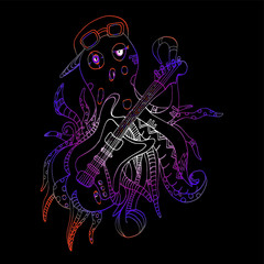 Octopus plays the guitar. With a cap and sunglasses. Variety, decorated tentacles. Sea monster under water. Freehand sketch. Bright, cartoon illustration.