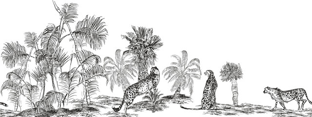 Black and White Lithography Jungle Forest Tropical Plants with Safari Wildlife Cheetah , Panoramic View Tropics Desert - 338412471