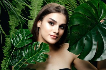 beautiful woman green leaves charm exotic