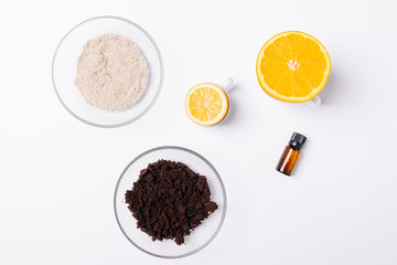 Homemade natural skin care cosmetics, ingredients for coffee body scrub