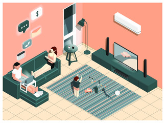 Naklejka premium isometric vector illustration of a man work from home. On his couch with his wife and son.