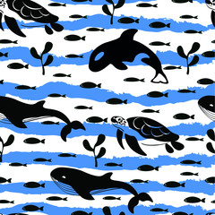 Sea, ocean, whale , sea life , fashion vector seamless pattern on white background with waves. Concept for wallpaper, wrapping paper , cards 