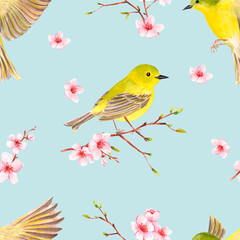 Romantic seamless texture with bird on flowering cherry branch. watercolor painting