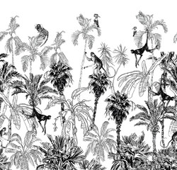 Seamless Border Black and White Monkey Animals Climbing on Palm Trees Tropical Jungle, Panorama View Landscape Wildlife in Jungle Trees, Banana and Dragon Tree, Etching Illustration Tropics