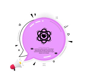 Atom with heart icon. Quote speech bubble. Energy sign. Chemical element symbol. Quotation marks. Classic atom icon. Vector