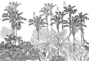Seamless Border Oleander and Hibiscus Flowers in Palms with Exotic Birds and Leopard, Parrots and Wild Animals in Tropics, Toile Panorama View Wallpaper Mural - obrazy, fototapety, plakaty
