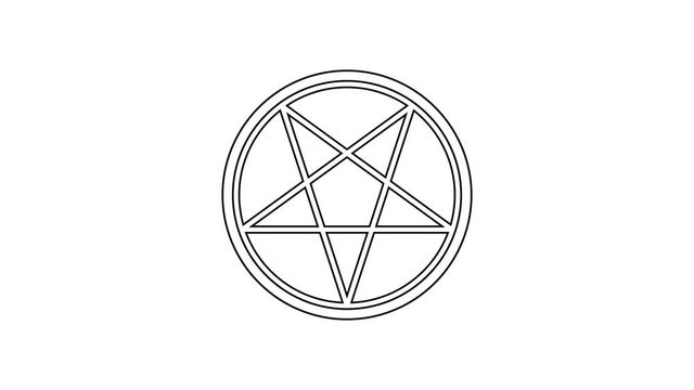 Black line Pentagram in a circle icon isolated on white background. Magic occult star symbol. 4K Video motion graphic animation
