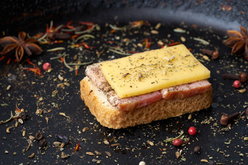 Closeup of a sandwich with brisket and cheese with spices on a dark background.