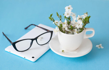 Blooming spring branches in a white cup on a saucer on a blue background. The concept of spring indoors