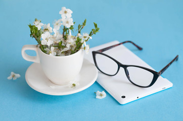 Blooming spring branches in a white cup on a saucer on a blue background. The concept of spring indoors
