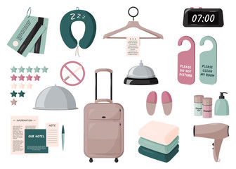 Staying in hotel elements set. Travelling illustration collection.