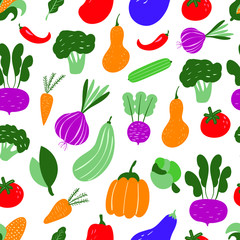 Vegetables, organic, food, carrot, tomato, pumpkin vector seamless pattern on white background. Concept for wallpaper, wrapping paper, cards 