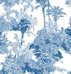 Seamless Pattern Blue and White Cobalt Tropical Jungles with Palms and Mountains, Blue Rainforest Toile Print, Tropical Engraving Illustration Wallpaper Mural, Classic Hand Drawn Landscape Design - 338416225