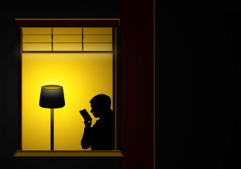 Silueta de hombre llamando por teléfono. Ventana, casa, lámpara encendida, luz. Ilustración.