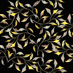 Yellow-beige watercolor branches on black background: floral seamless pattern, hand drawn wallpaper design, tender textile print.
