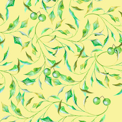 Green watercolor branches with green berries on yellow background: floral seamless pattern, hand drawn wallpaper design, tender textile print.