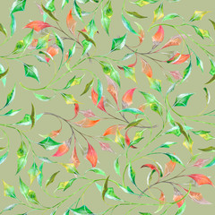 Red and green watercolor branches on pale green background: floral seamless pattern, hand drawn wallpaper design, tender textile print.