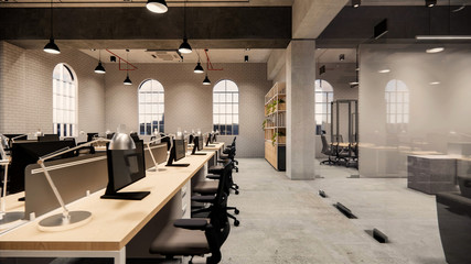 Interior Empty Modern Loft Office open space modern office footage.Modern open concept Lobby and reception area meeting room design.3d Rendering .