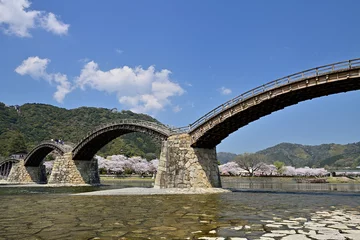Papier Peint photo autocollant Le pont Kintai 錦帯橋と桜並木