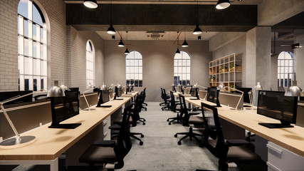Interior Empty Modern Loft Office open space modern office footage.Modern open concept Lobby and reception area meeting room design.3d Rendering .