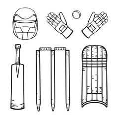 Cricket equipment. Hand drawing in cartoon style. Set of vector isolated icons on white background for coloring and design.