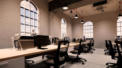 Interior Empty Modern Loft Office open space modern office footage.Modern open concept Lobby and reception area meeting room design.3d Rendering .