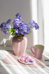 Cup of tea with macaroons morning Breakfast