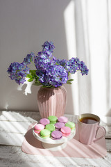 Cup of tea with macaroons morning Breakfast