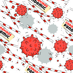 Fototapeta premium Seamless pattern of coronavirus , plate, warning tape, virus type. Quick sketch. For use in educational posters.