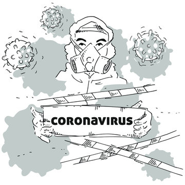 Coronavirus protective gear, quarantine area. Means of individual protection and prevention of coronavirus infection. Quick sketch. For use in articles and posts.
