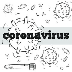 Collection of coronavirus, test tube, virus type. Quick sketch. For use in educational posters.