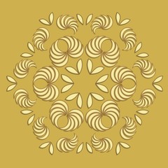 Gold patterns composed of leaves, 3d illusion, circle ornament on light golden background, luxurious vintage ornament, decoration with floral motif, vector design