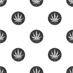 Cannabis leaf on grunge circle icon seamless pattern. Vector