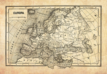 Fototapeta na wymiar Ancient map of Europe continent and countries bordered by the Arctic Ocean to the north, the Atlantic Ocean and the Mediterranean Sea with geographical Italian names and descriptions.