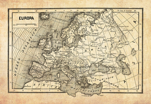 Ancient map of Europe continent and countries bordered by the Arctic Ocean to the north, the Atlantic Ocean and the Mediterranean Sea  with geographical Italian names and descriptions.