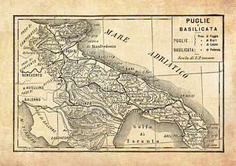 Fototapeta na wymiar Ancient map of Apulia and Basilicata regions of the Southern part of Italy facing the Adriatic and the Jonian seas with geographical Italian names and descriptions