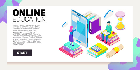 Isometric online education vector banner. E-learning. Imagination ad creativity.