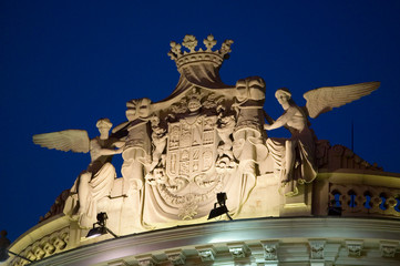 Detail shot of faade of building at twilight in Madrid, Spain