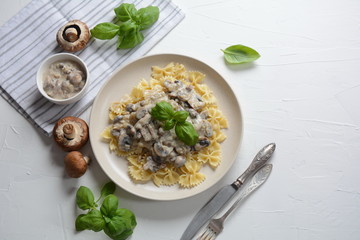 Creamy Mushroom Fettucini Alfredo pasta. Italian food 