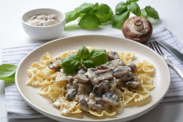 Creamy Mushroom Fettucini Alfredo pasta. Italian food 