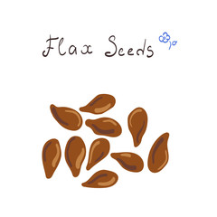 Kawaii Flax Seeds vector illustration isolated on white background. Doodle style healthy unpeeled seeds with hand written lettering. Menu, ingredient, package design concept.