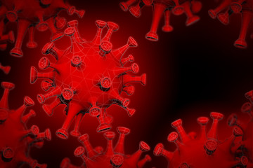 Red Coronavirus (COVID-19) with wireframe polygon outline mesh style on dark background and copy space for text, 3d render illustration