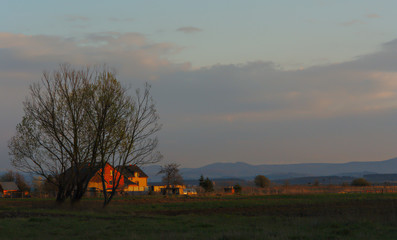 Village evening with blue mountains at horizon.