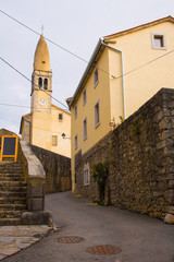 The church of St Daniel with its famous lemon shaped tower in the old historic hill village of...