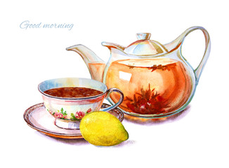 Colorful tea cups and saucers closeup. Sketch handmade. Postcard for tea party invitation. Watercolor illustration. - 338421667