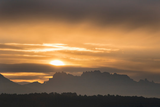 Beautiful misty Montserrat mountain silhouette