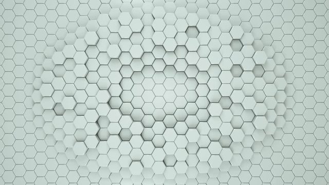White geometric hexagonal abstract background. Pattern of honeycomb hexagons. seamless loop 3D render animation