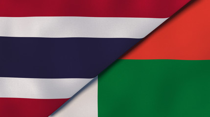 The flags of Thailand and Madagascar. News, reportage, business background. 3d illustration