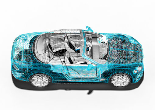 Concept car blueprint &ndash; 3D perspective. Machine, print.