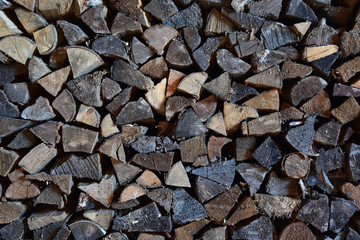 Firewood in a woodpile, vintage texture. Chipped firewood as a background